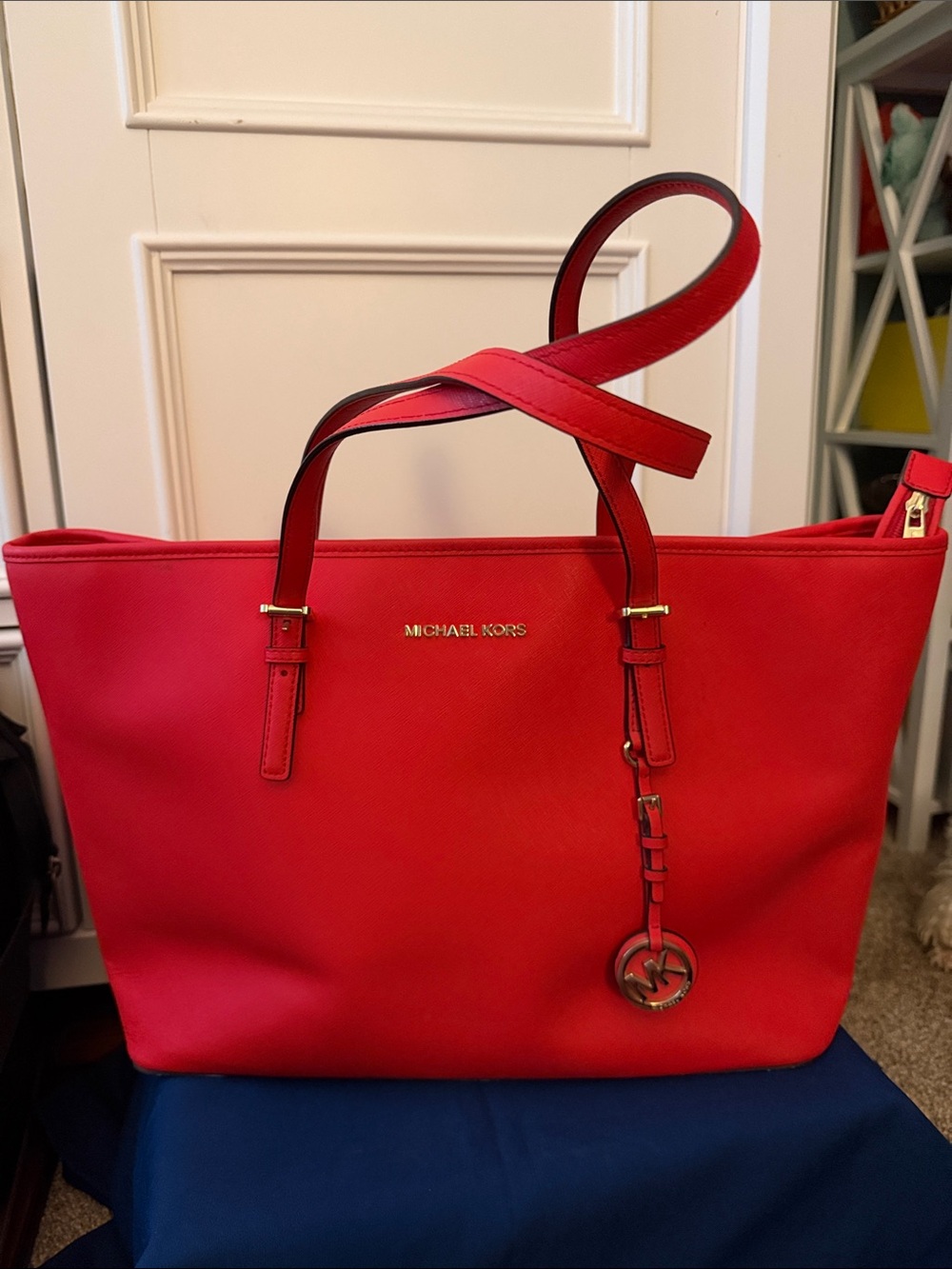 Michael Kors Bright Red Saffiano Leather Tote with Logo Charm